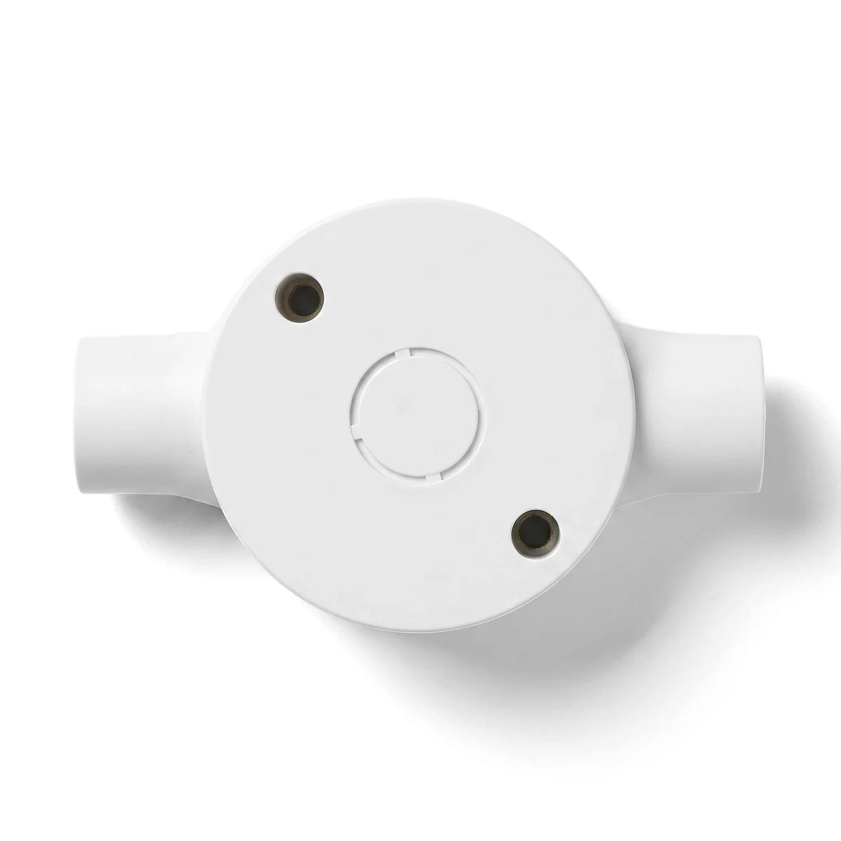White 25mm 2-way circular conduit box for electrical wiring, featuring two entry points and screw mounting holes.