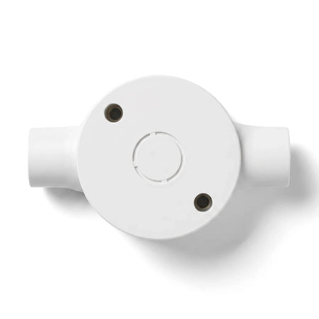 White 25mm 2-way circular conduit box for electrical wiring, featuring two entry points and screw mounting holes.