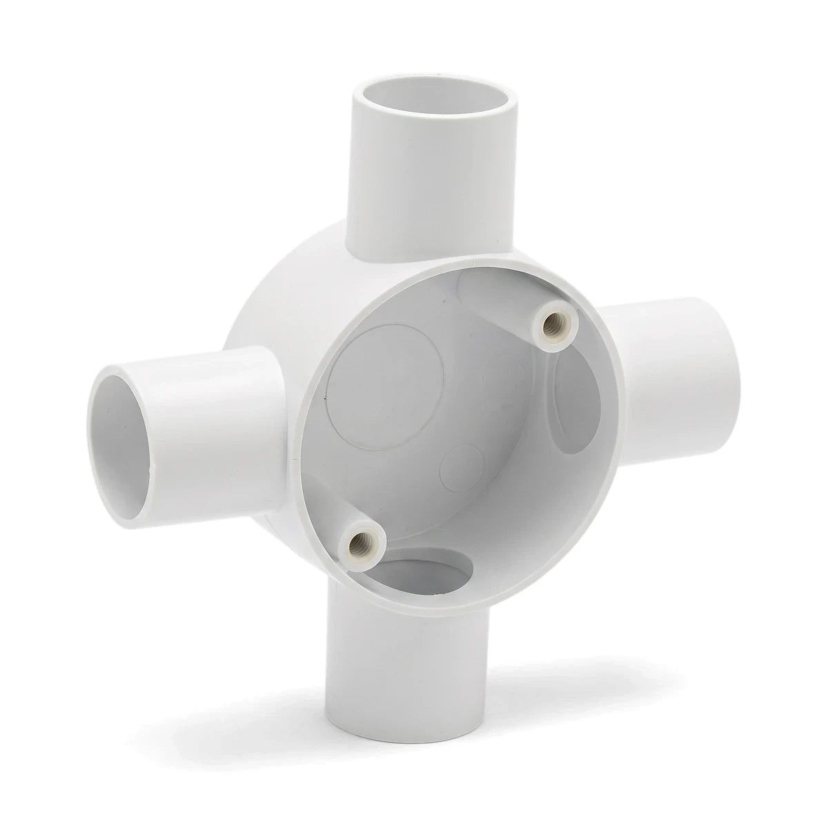 White 25mm 4-way PVC conduit box, designed for electrical wiring junctions, shown from a slightly elevated angle.
