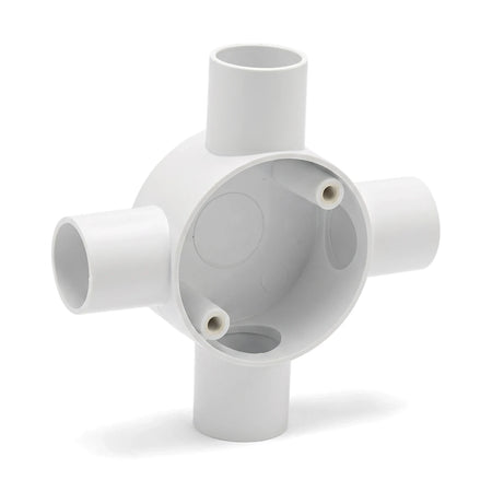 White 25mm 4-way PVC conduit box, designed for electrical wiring junctions, shown from a slightly elevated angle.