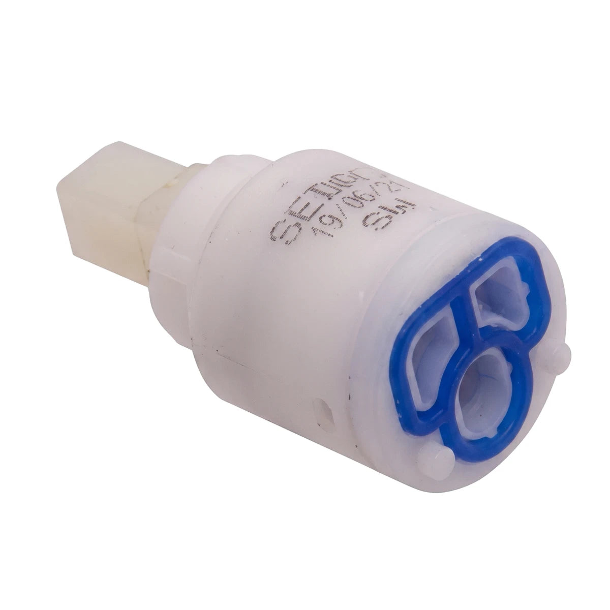 White 25mm cartridge with blue seals, a plumbing component shown in a slightly angled view, highlighting its connection