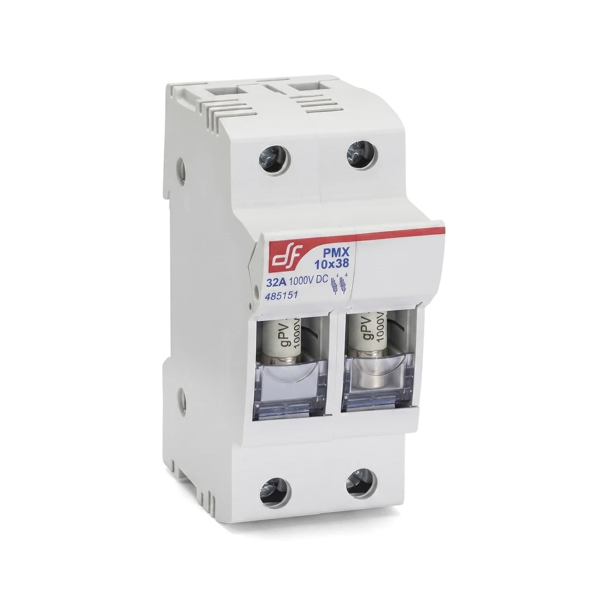 White 2P 1000Vdc fuse holder, 32A PMX 10x38, with two clear fuse compartments and visible screw terminals.