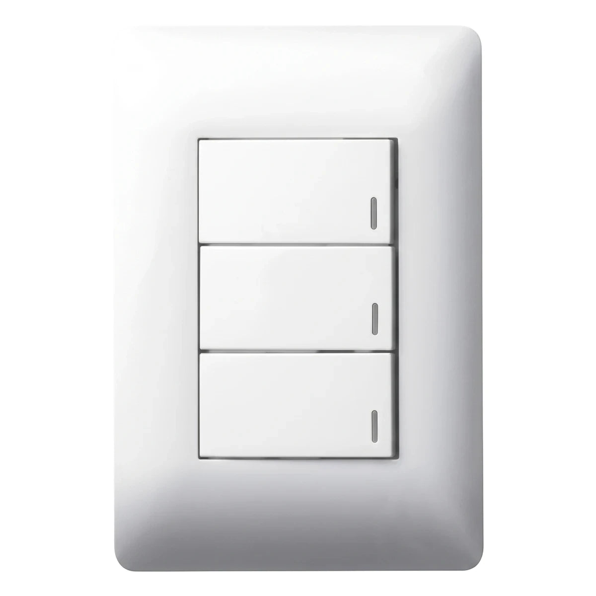 White 3 lever one-way electrical light switch with a rectangular faceplate for home or office use.