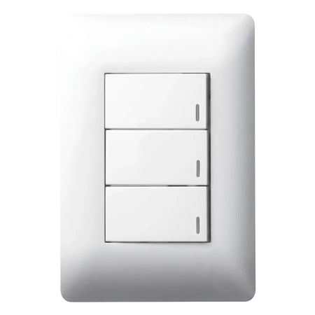 White 3 lever one-way electrical light switch with a rectangular faceplate for home or office use.