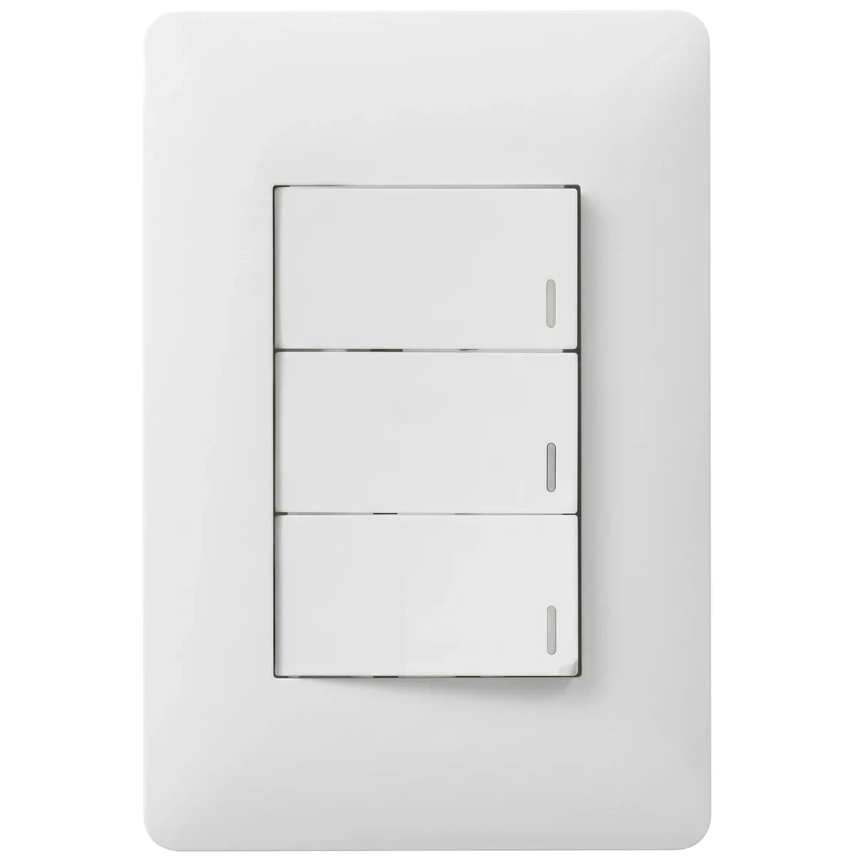 White 3-lever one-way electrical light switch with a clean wall plate, shown front-on.