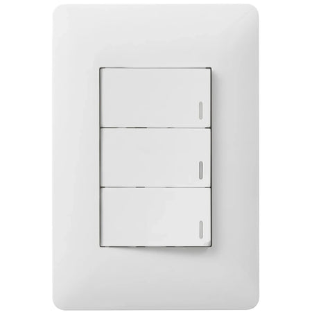 White 3-lever one-way electrical light switch with a clean wall plate, shown front-on.