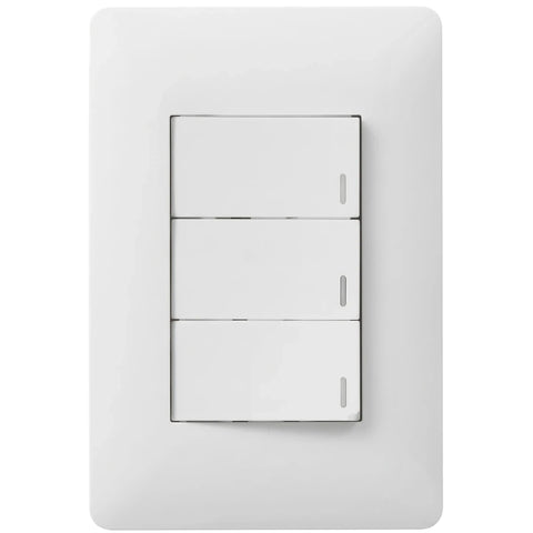 White 3-lever one-way electrical light switch with a clean wall plate, shown front-on.