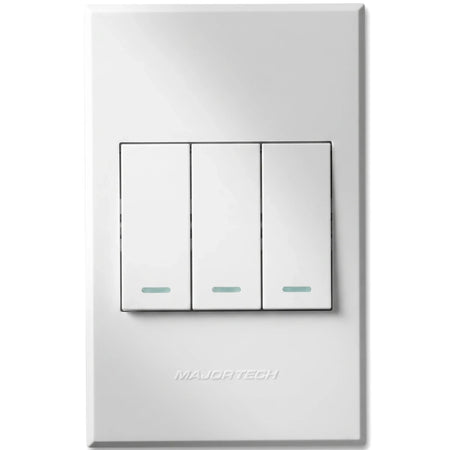 White 3 Lever Switch for controlling lights, featuring three rectangular toggle switches and a clean, modern design.