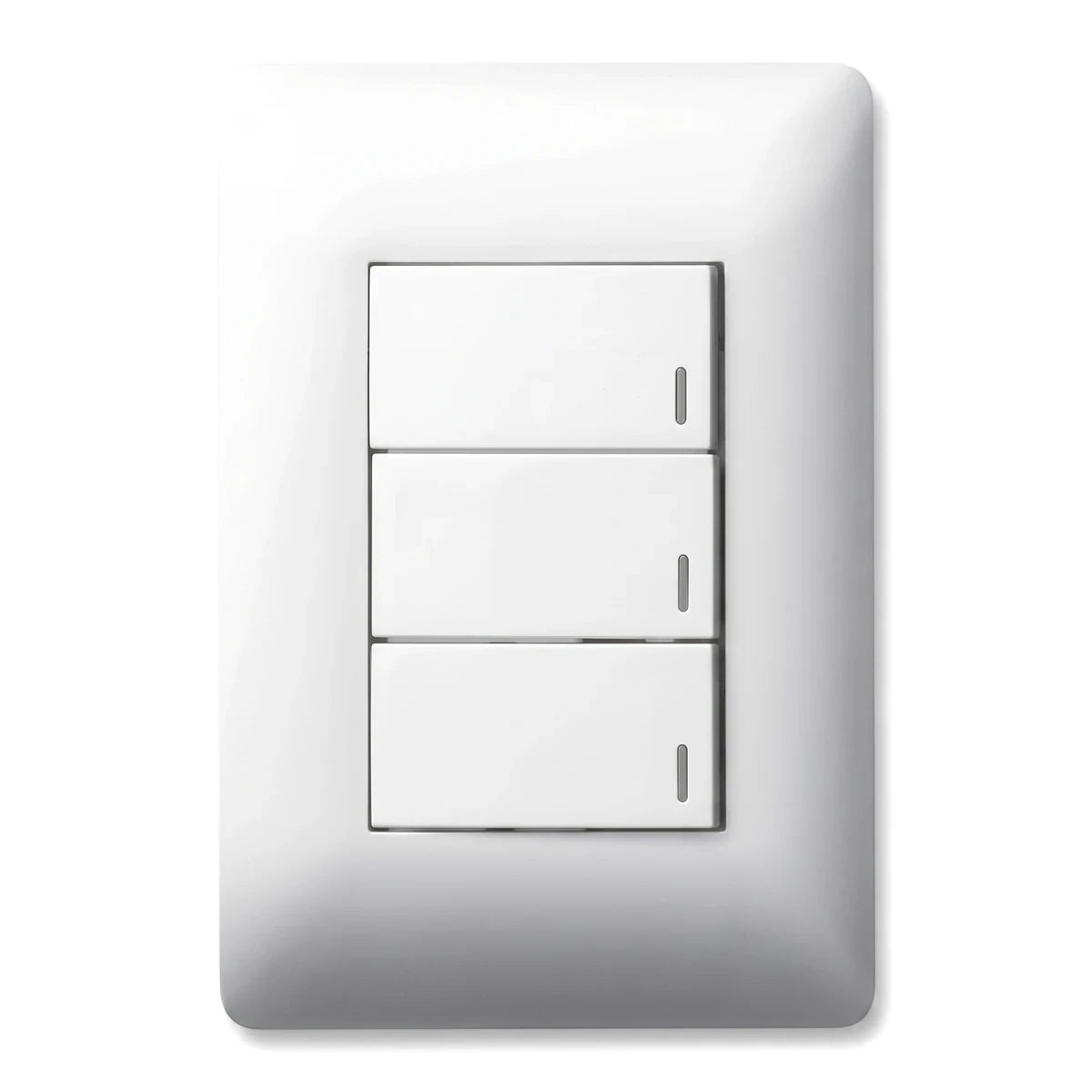 White 3 Lever Two Way Switch mounted on a wall plate, showing three individual toggles and indicator lines.