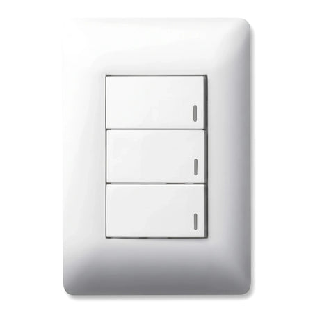 White 3 Lever Two Way Switch mounted on a wall plate, showing three individual toggles and indicator lines.