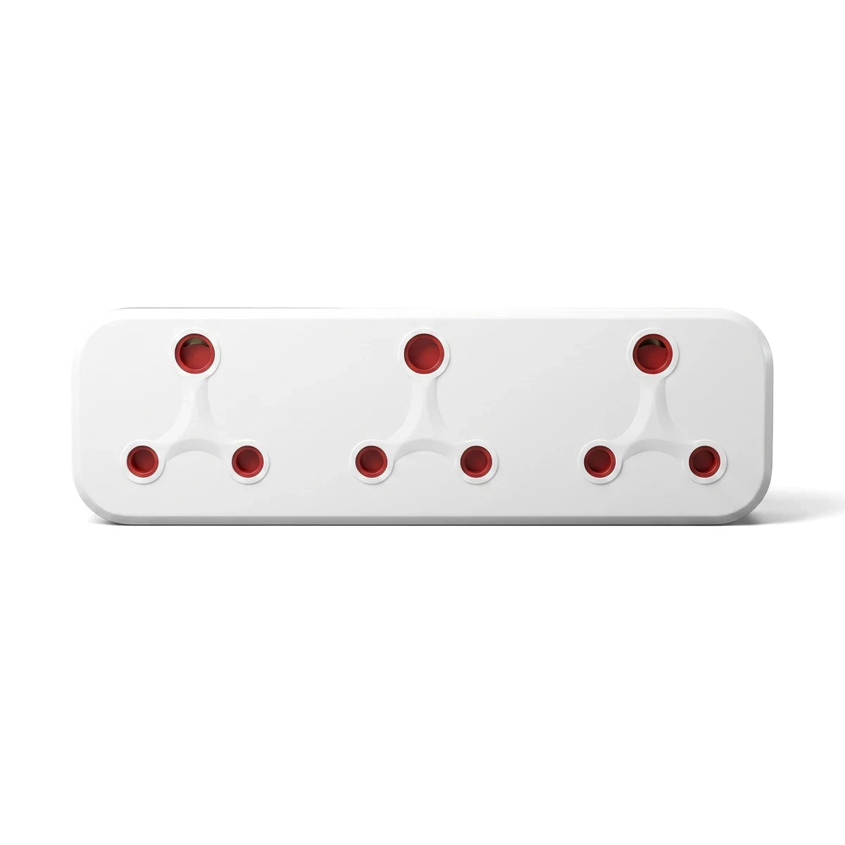 White 3-Way 16 Amp Plug Adapter with three sets of red-inserted multi-pin sockets, shown from a front view.