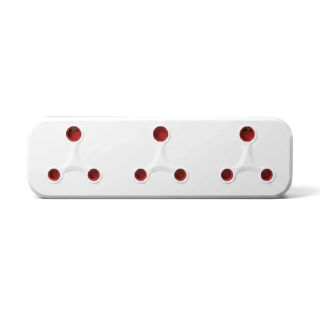 White 3-Way 16 Amp Plug Adapter with three sets of red-inserted multi-pin sockets, shown from a front view.