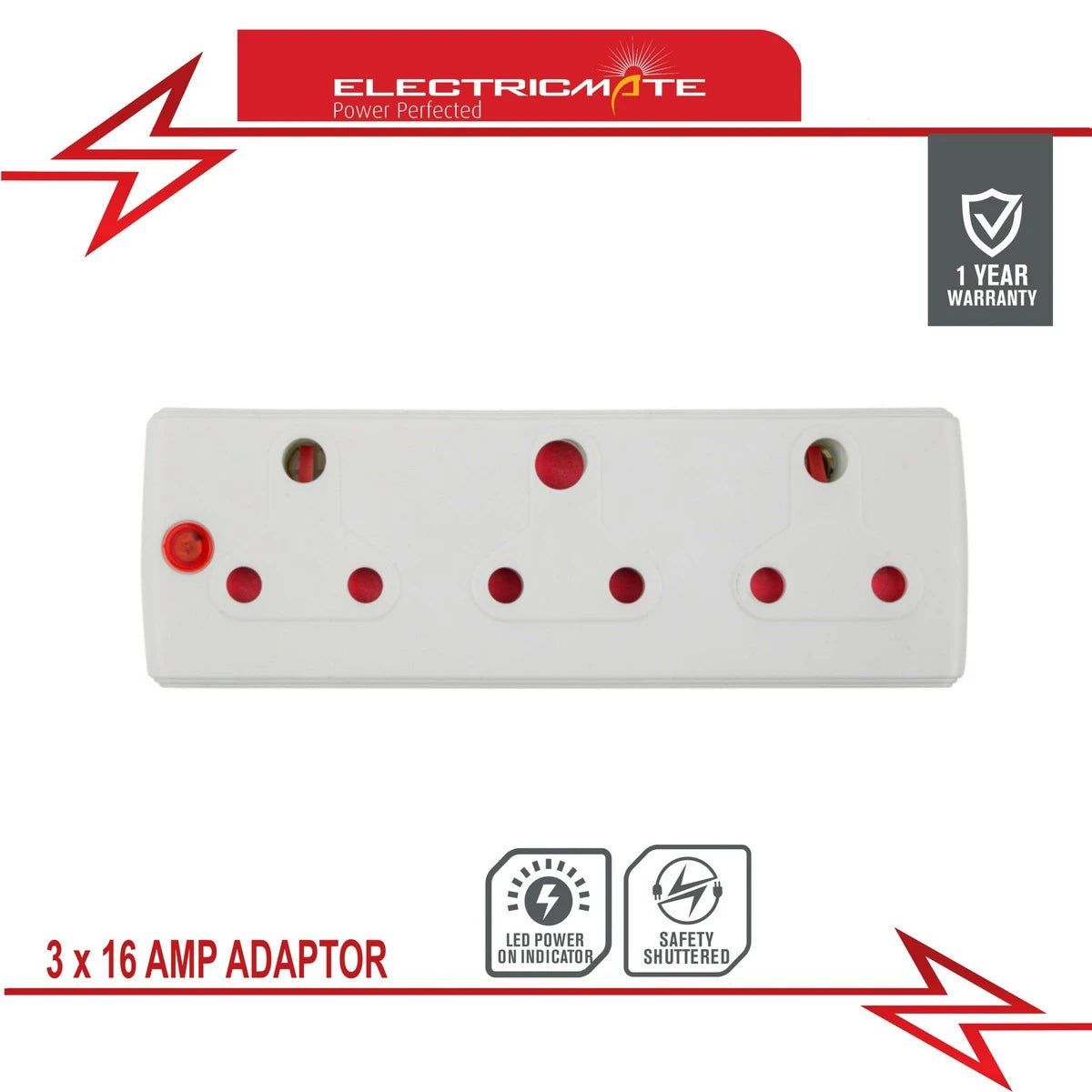 White 3-Way 16 Amp Plug Adapter with three electrical sockets and red indicator lights. Features 1 year warranty and safety