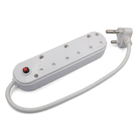 White 3-way multiplug adaptor with overload protection and a two-pin plug, viewed from an angled perspective.