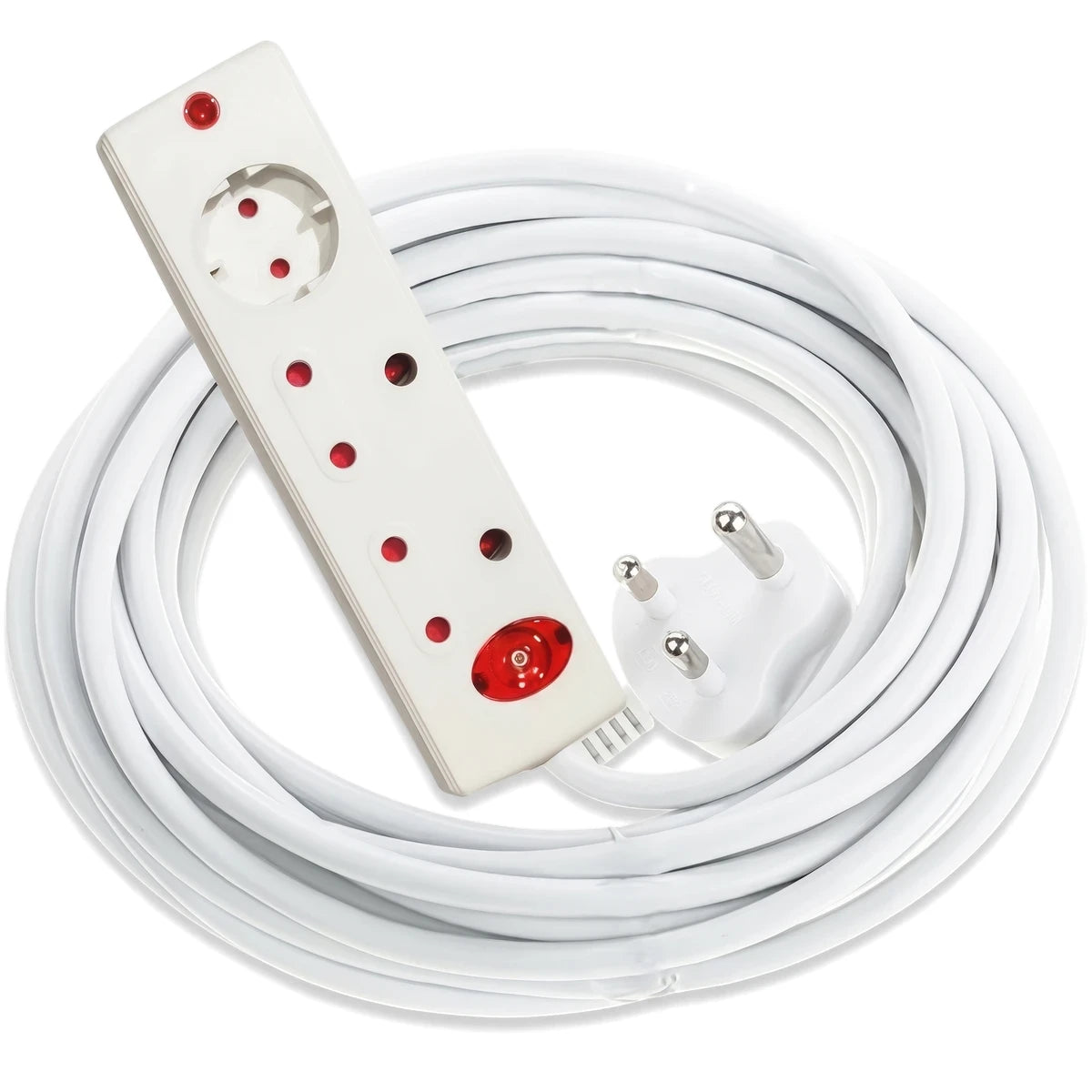 White 3-Way Multiplug with Overload Protection and a 3-meter coiled lead, featuring a 3-pin plug adaptor.