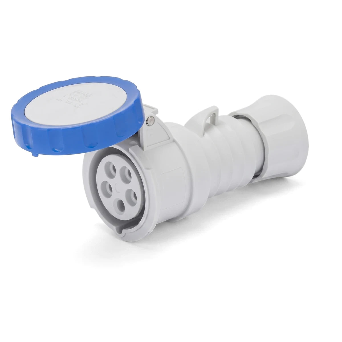 White 32A 2P+E 230V IP67 industrial electrical coupler with an open blue protective cap.