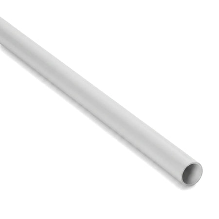 White 32mm x 4m PVC conduit for electrical wiring, shown diagonally with its circular opening visible.