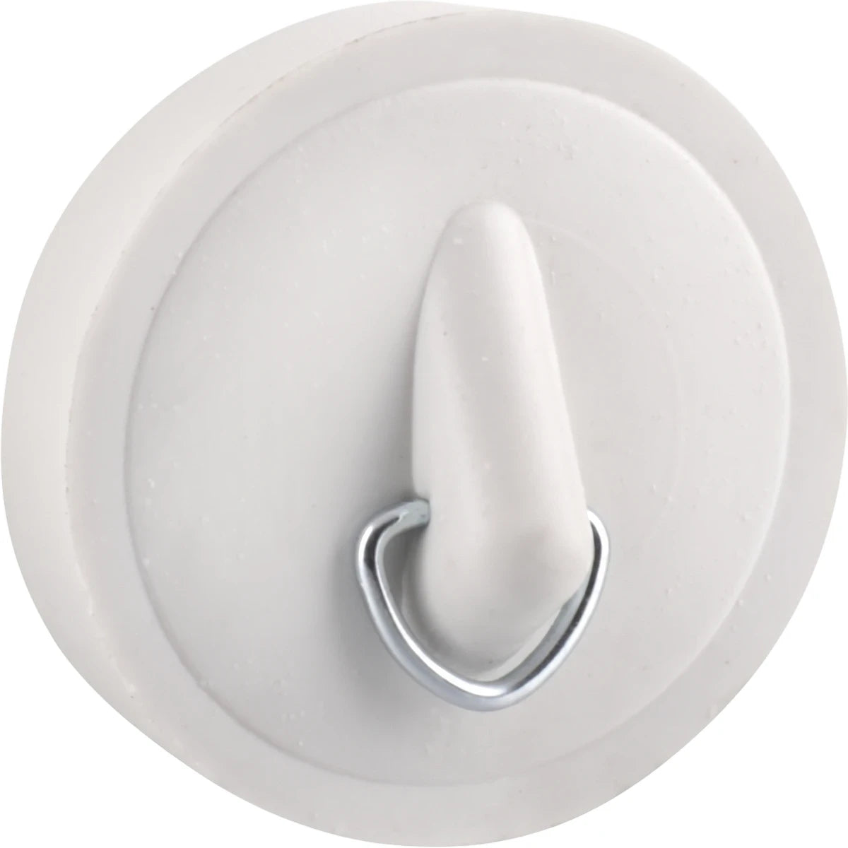 White 38mm rubber basin plug with a central conical handle and a silver metal D-ring, captured in a clear, close-up top-down