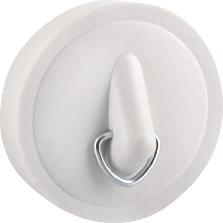 White 38mm rubber basin plug with a central conical handle and a silver metal D-ring, captured in a clear, close-up top-down