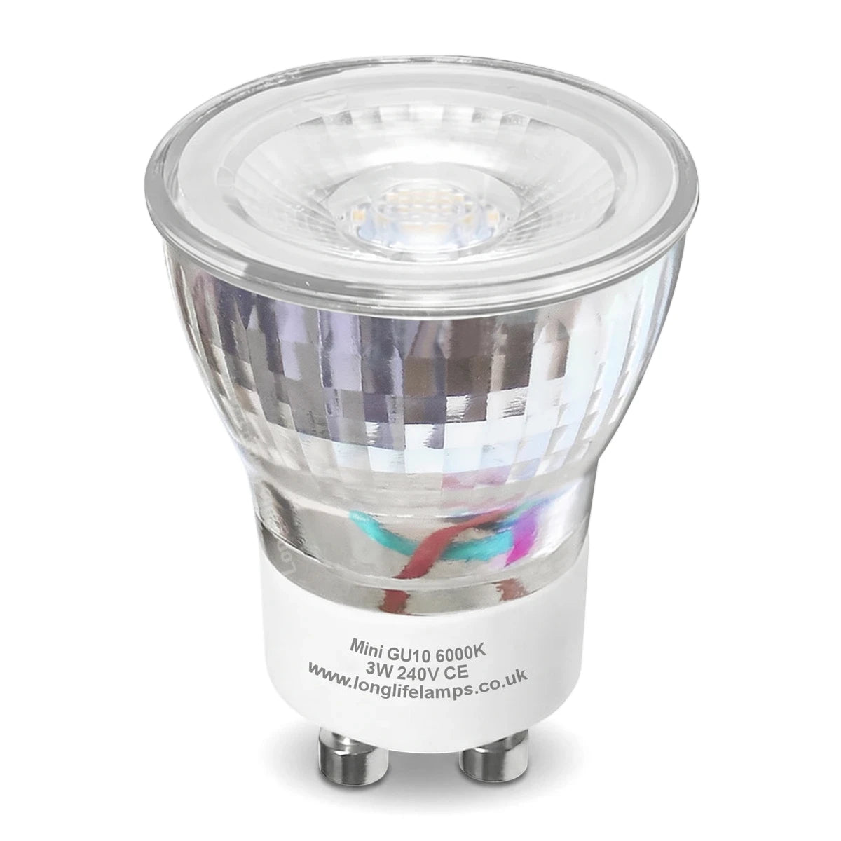 White 3W GU10 Cool LED Bulb with clear faceted lens and white base, front view showing two-pin GU10 connector.