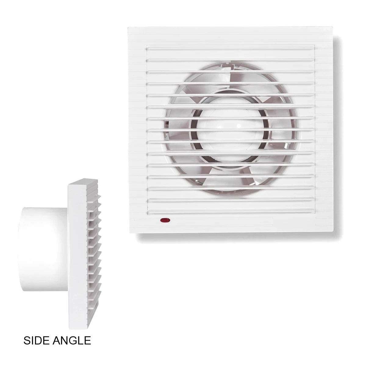 White 4-inch (100mm) ABS plastic bathroom extractor fan with square grille, front view and side profile, suitable for