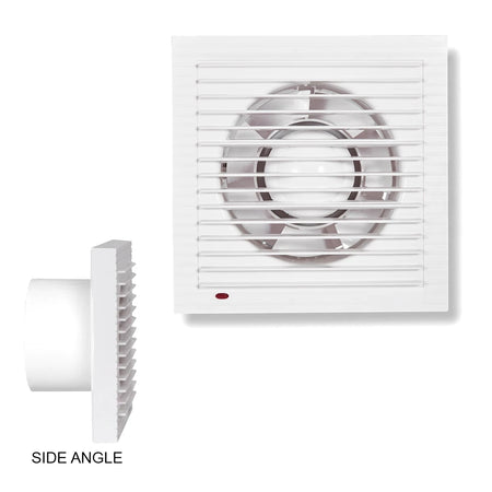 White 4-inch (100mm) ABS plastic bathroom extractor fan with square grille, front view and side profile, suitable for