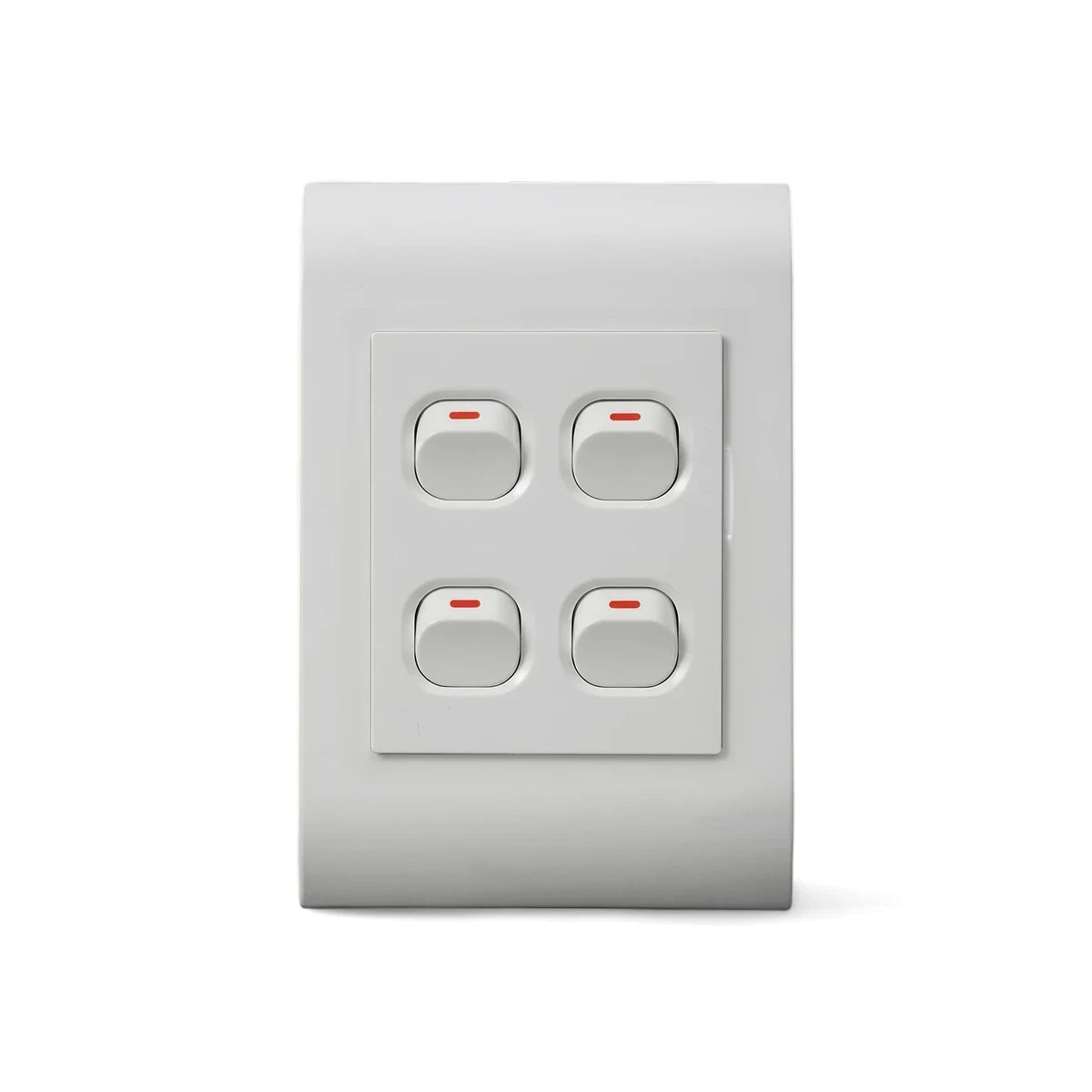 White 4 lever light switch with four individual rocker switches on a single plate for electrical control.