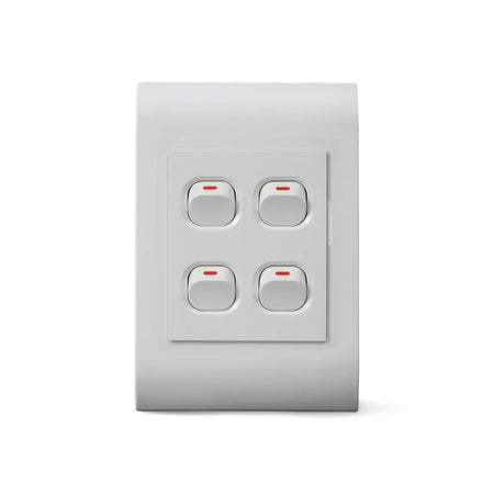 White 4 lever light switch with four individual rocker switches on a single plate for electrical control.