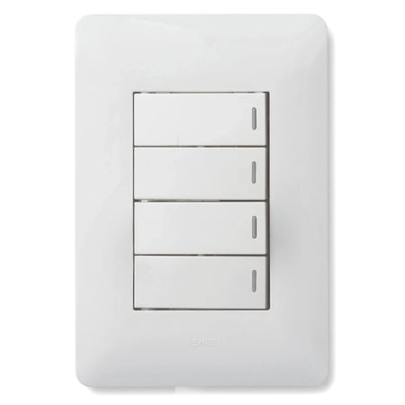 White 4-lever one-way electrical light switch with a rectangular faceplate for interior wall installation.