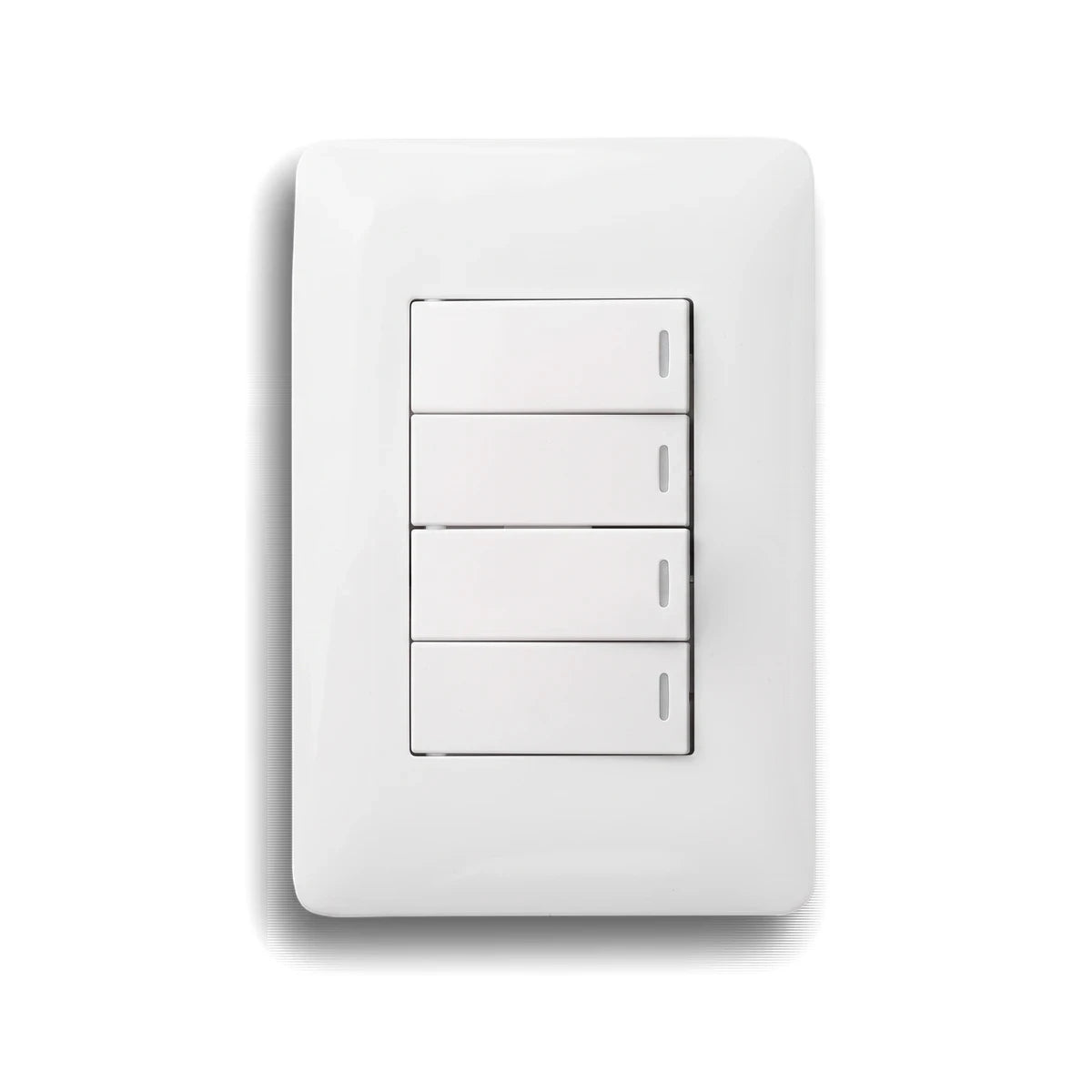 White 4-lever two-way light switch, rectangular, with four horizontal rockers and small indicator dots.