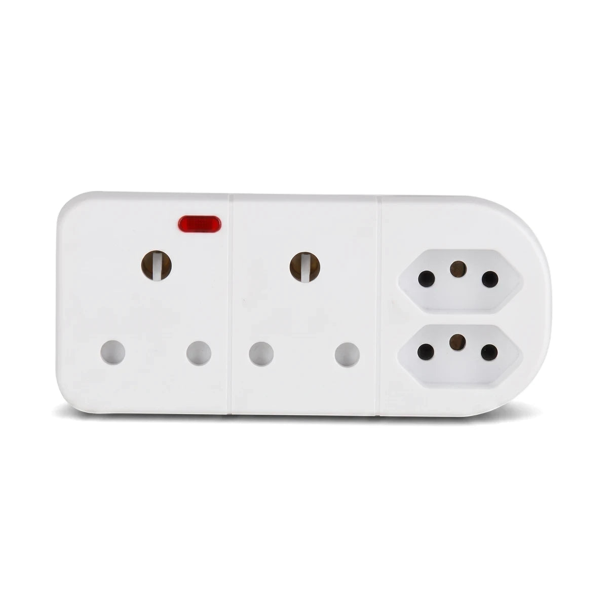 White 4-way power adapter, featuring two 16mm 3-pin sockets and two Euro 2-pin sockets, shown from a top-down perspective.