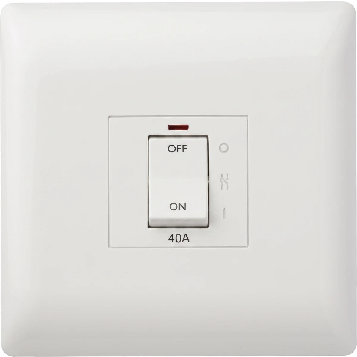 White 40A isolator switch with a prominent ON/OFF toggle and a small red indicator light, for electrical control