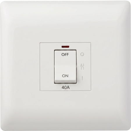 White 40A isolator switch with a prominent ON/OFF toggle and a small red indicator light, for electrical control