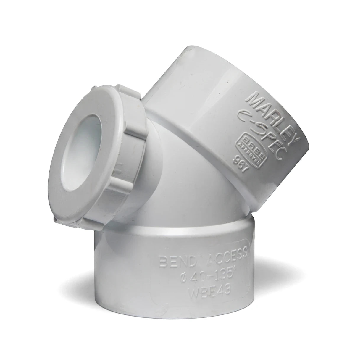White 40mm x 135-degree PVC waste E-Spec bend with an access heel for plumbing systems.