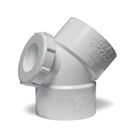 White 40mm x 135-degree PVC waste E-Spec bend with an access heel for plumbing systems.
