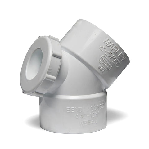 White 40mm x 135-degree PVC waste E-Spec bend with an access heel for plumbing systems.
