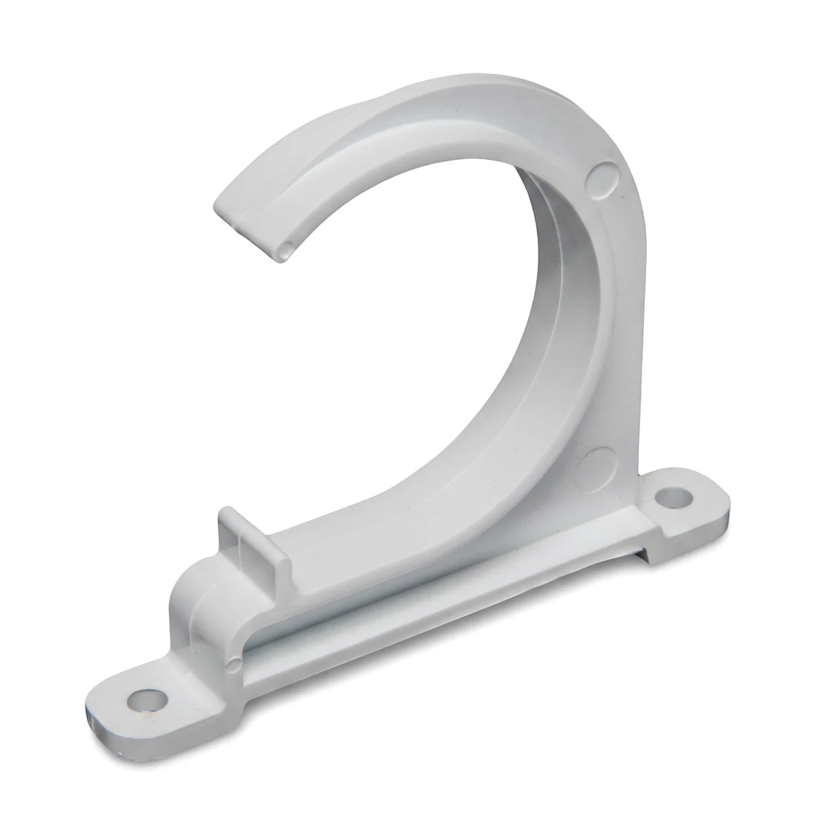 White 40mm PVC waste pipe clip with mounting holes, designed for securing waste pipes.