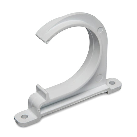 White 40mm PVC waste pipe clip with mounting holes, designed for securing waste pipes.
