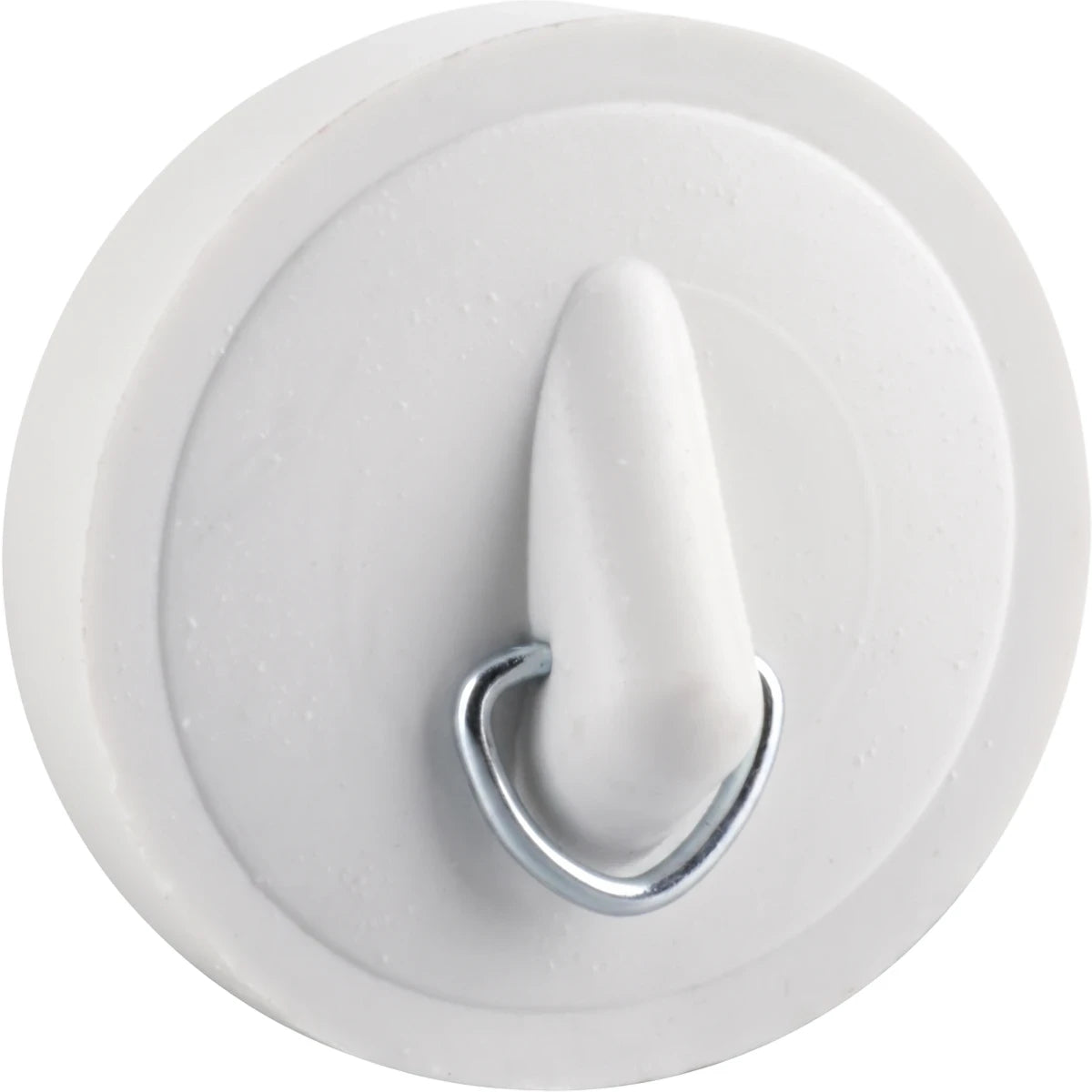 White 44mm rubber bath plug with a metal D-ring for easy removal, shown close-up from a top-down view.