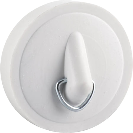 White 44mm rubber bath plug with a metal D-ring for easy removal, shown close-up from a top-down view.