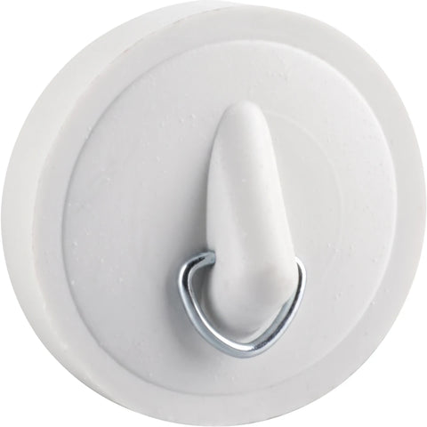 White 44mm rubber bath plug with a metal D-ring for easy removal, shown close-up from a top-down view.