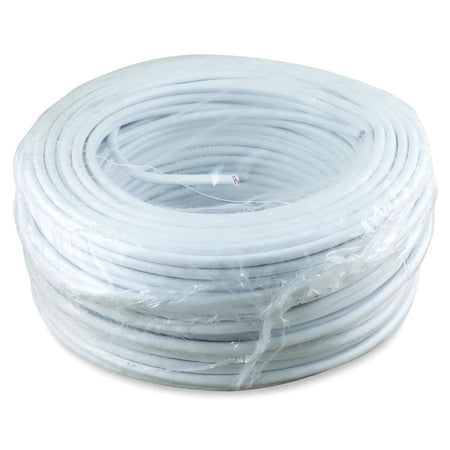 White 4mm Surfix Round electrical cable in a 100-meter coiled roll, wrapped in clear plastic for protection.