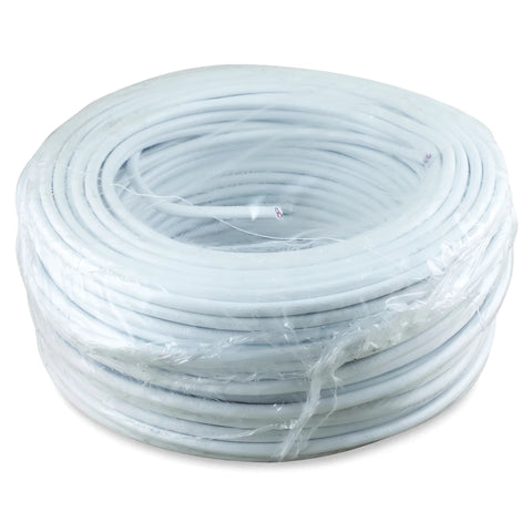 White 4mm Surfix Round electrical cable in a 100-meter coiled roll, wrapped in clear plastic for protection.