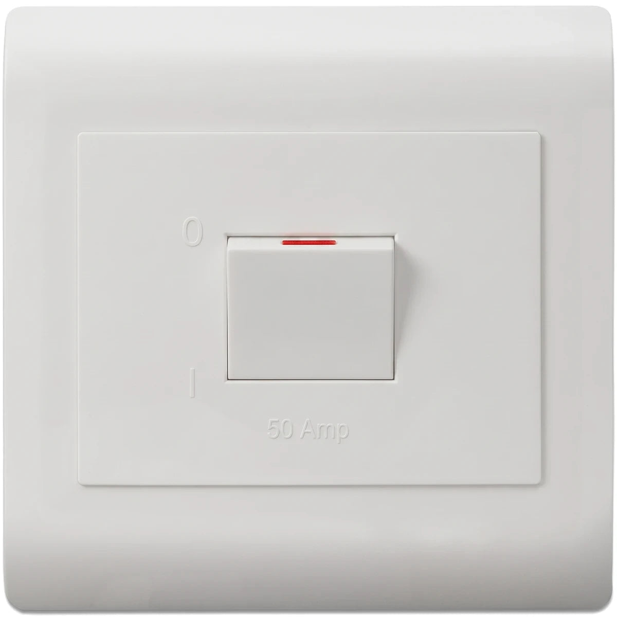 White 50A 2 Pole Isolator electrical switch with a red indicator light on a rectangular wall plate.