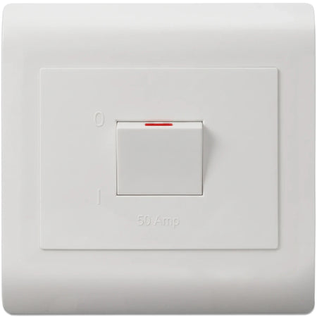 White 50A 2 Pole Isolator electrical switch with a red indicator light on a rectangular wall plate.