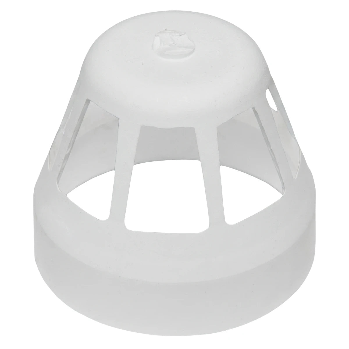 A white 50mm PVC air vent cowl, seen from a slightly elevated angle, featuring a perforated, cage-like design.