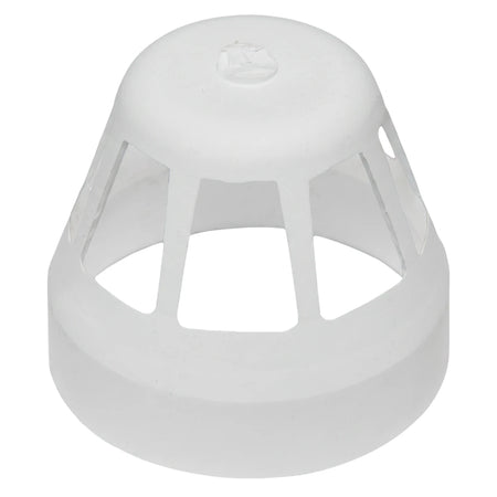 A white 50mm PVC air vent cowl, seen from a slightly elevated angle, featuring a perforated, cage-like design.