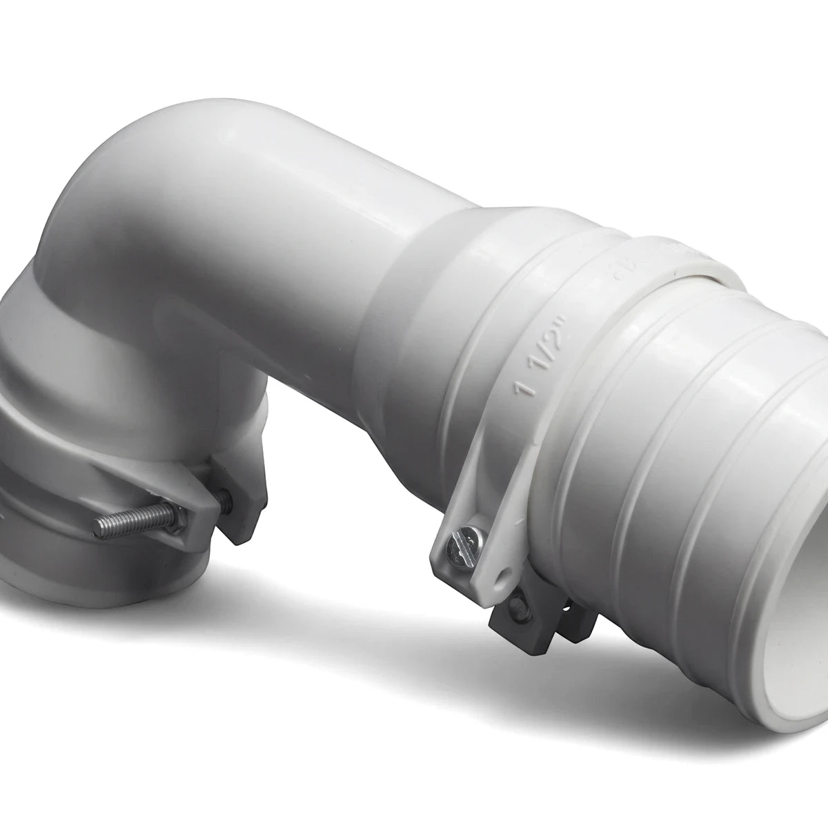 White 50mm x 50mm plastic elbow pipe plumbing fitting, featuring two integrated hose clamps, shown against a plain white