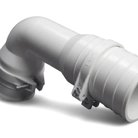 White 50mm x 50mm plastic elbow pipe plumbing fitting, featuring two integrated hose clamps, shown against a plain white