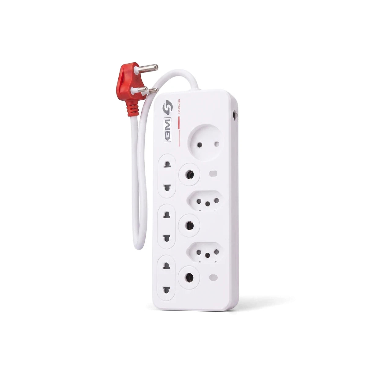 White 6-way multi-plug power strip with three 16mma, two Euro, and one Shuko socket, and a single pole switch.